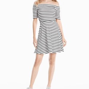 OFF-THE-SHOULDER STRIPED KNIT SNEAKER DRESS